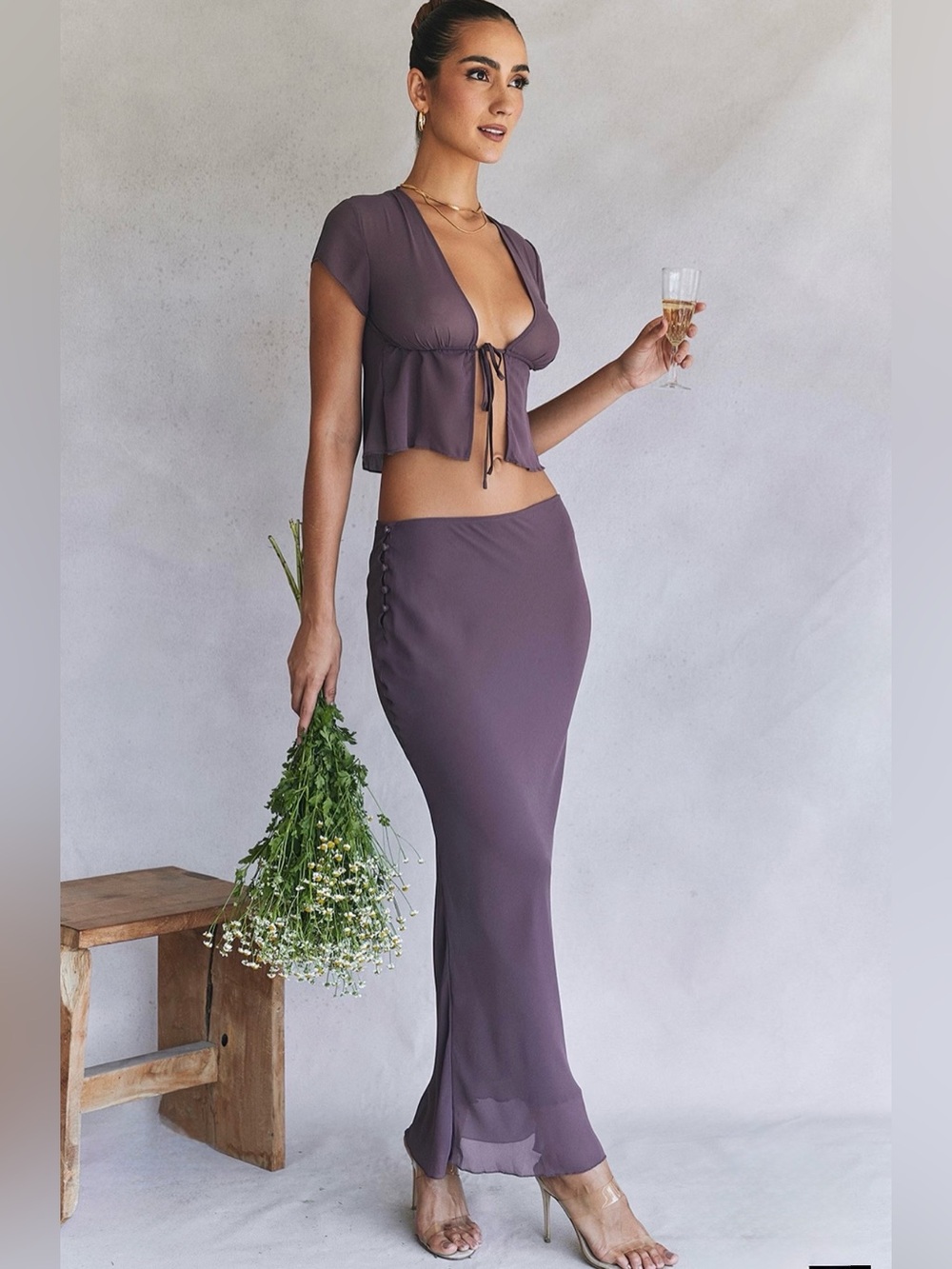 2 pieces Maia dark Mauve Tie Top and Aryana bias cut maxi skirt